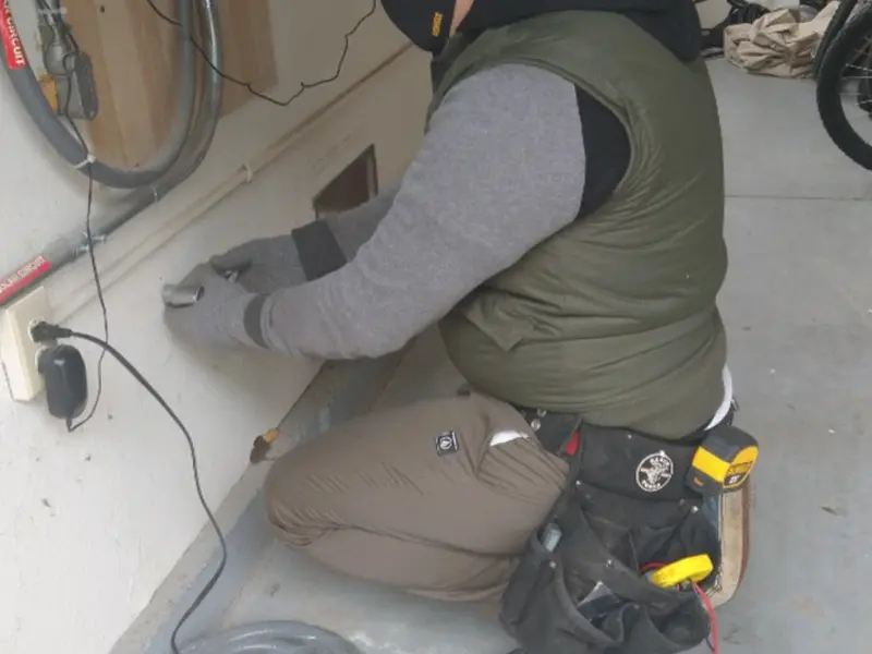 Electrician performing outlet wiring in a Sylvester garage
